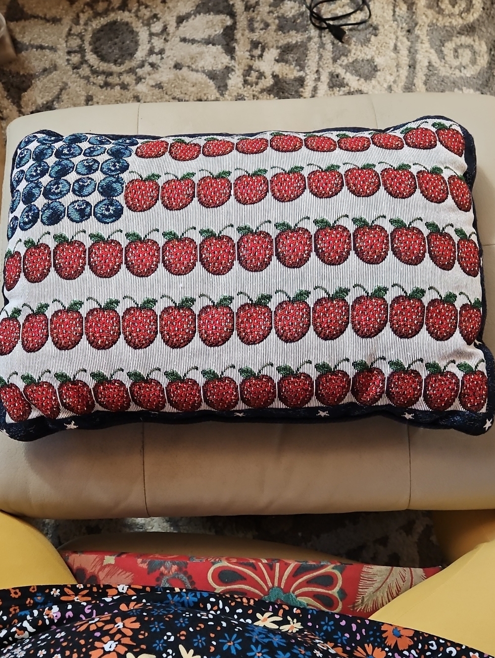 Vintage Woven Tapestry Americana Strawberry & Blueberry Flag Lumbar Pillow
